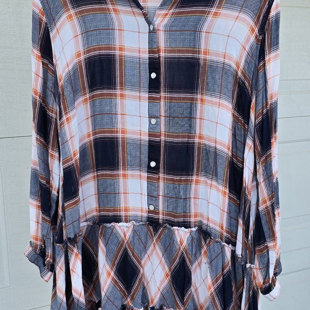 Addition Elle Plaid Shirt Dress With Pearl Snap Front. Drop Waist
